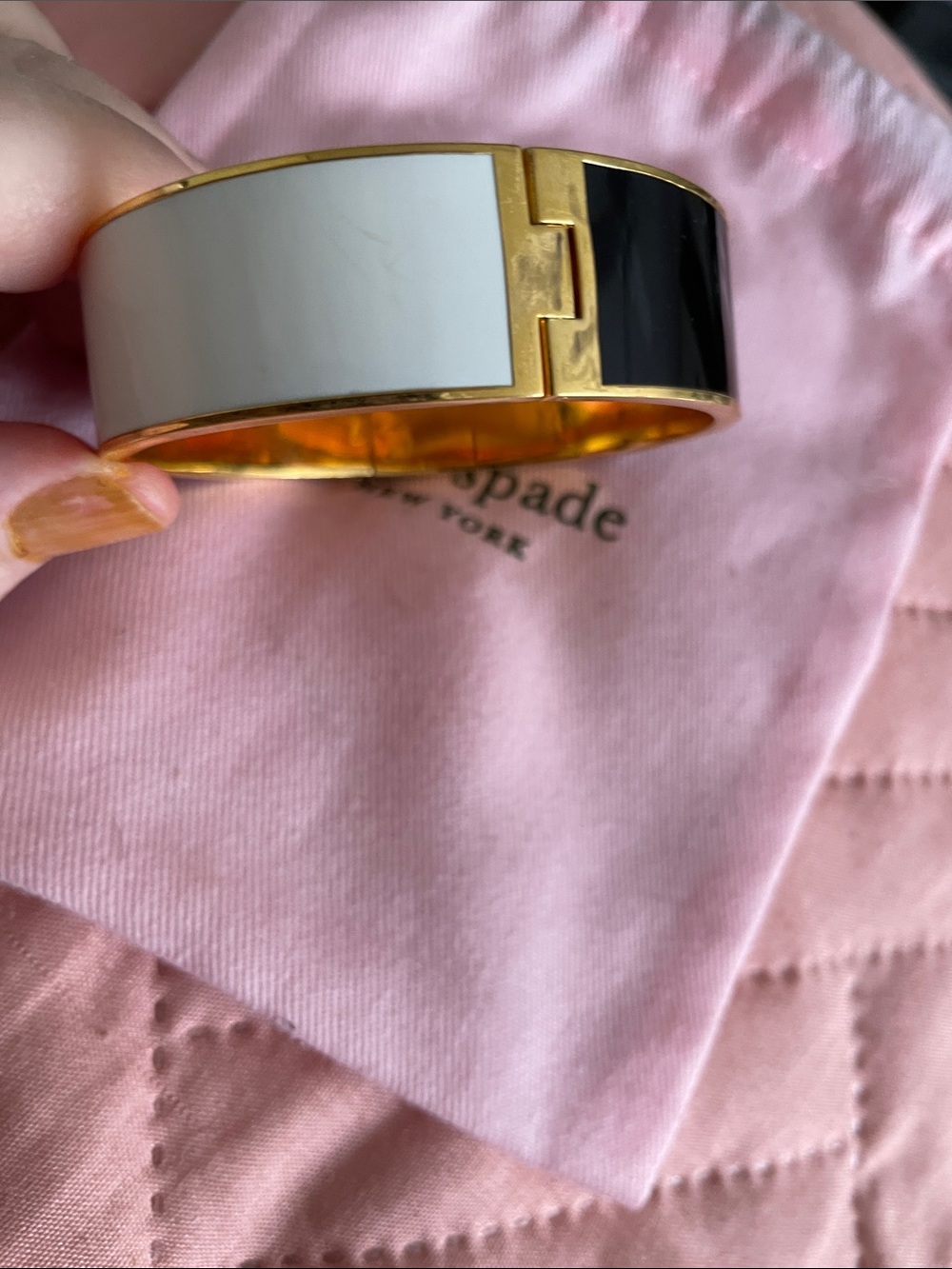 kate spade Gold-Tone Black and White Enamel Hinged Bangle With Dust Bag EUC - Picture 3 of 6